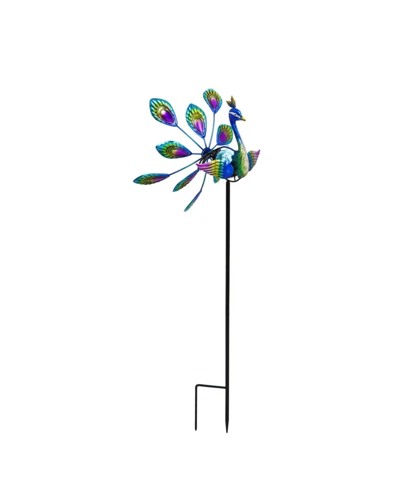 Evergreen 37"H Solar Peacock Staked Wind Spinner