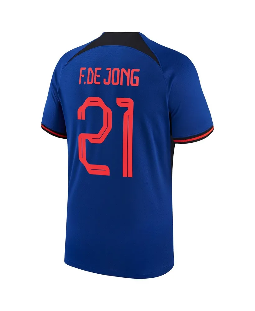 Men's Nike Frenkie de Jong Blue Netherlands National Team 2022/23 Away Breathe Stadium Replica Player Jersey