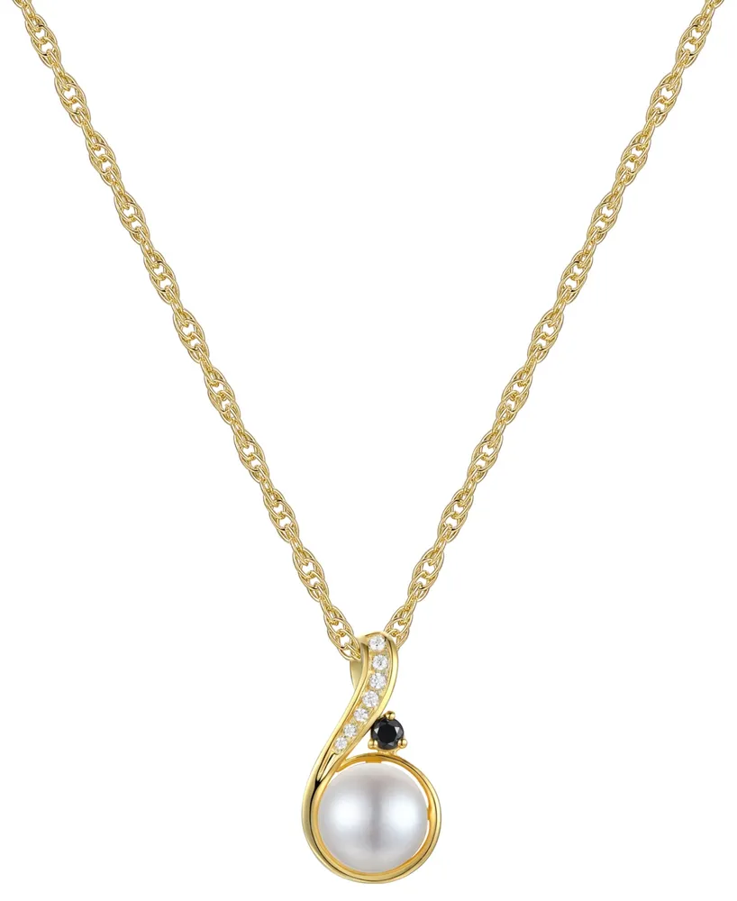 Cultured Freshwater Pearl (8mm), Onyx & Diamond Accent 18" Pendant Necklace in 10k Gold