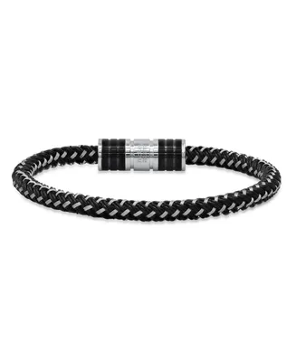 hickey by Hickey Freeman Carbon Fiber Two Tone Stainless Steel and Leather Cord Woven Braided Bracelet