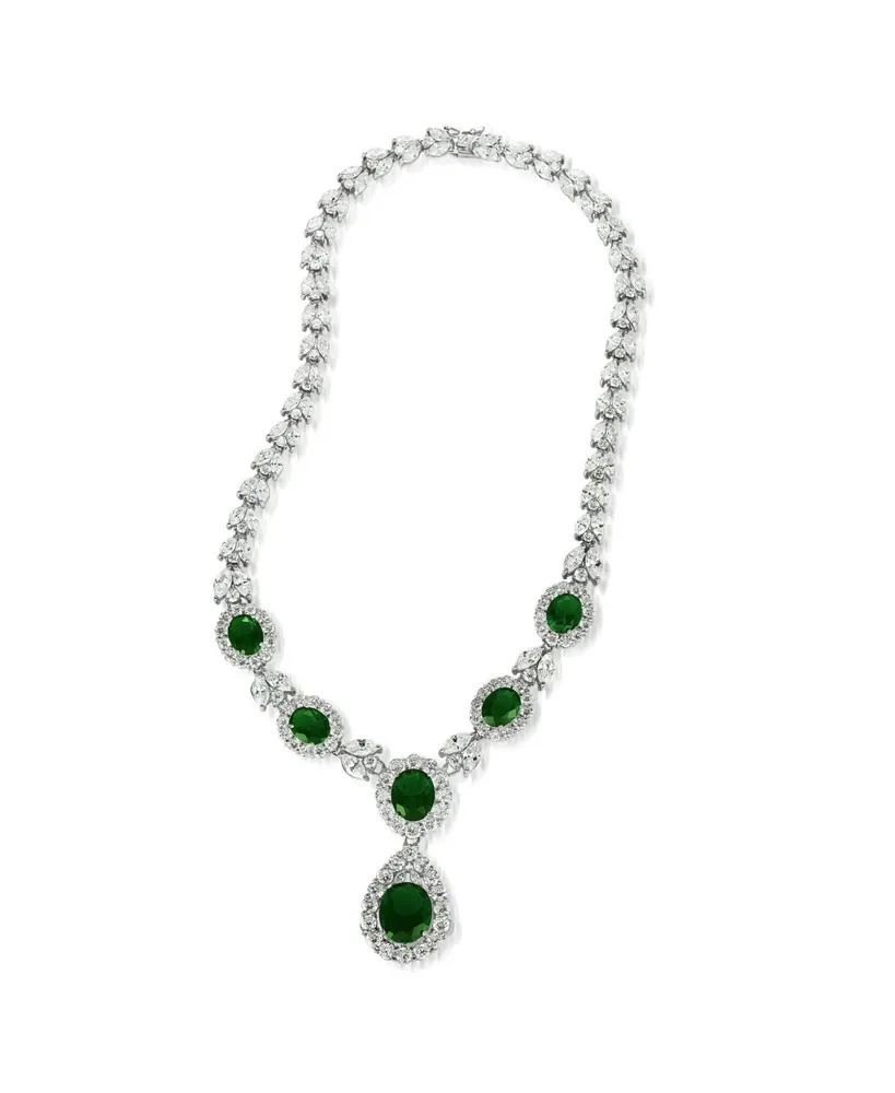 Genevive Sterling Silver Clear and Green Cubic Zirconia Dangle Necklace