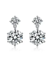 Genevive Sterling Silver with Rhodium Plated Clear Round Cubic Zirconia Two Stone Drop Earrings