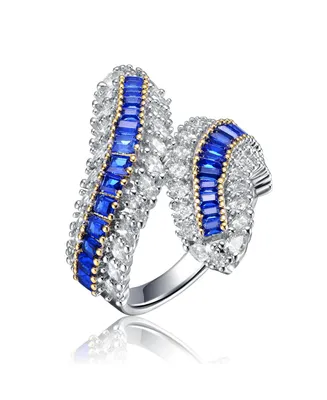 Genevive Elegant Sterling Silver Bypass Ring with Rhodium Plating and Blue Cubic Zirconia