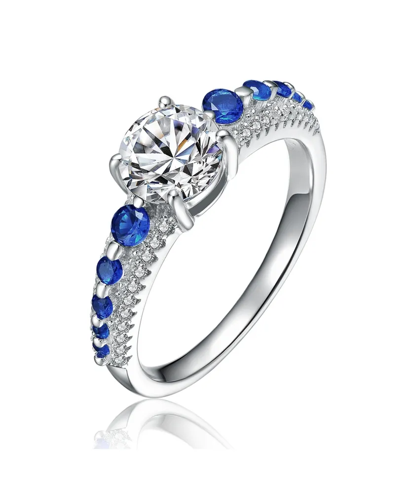 Genevive Sterling Silver Rhodium Plated with Blue Cubic Zirconia Statement Ring