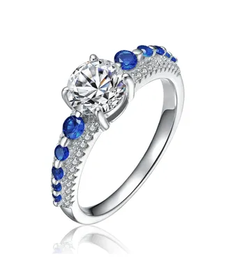 Genevive Sterling Silver Rhodium Plated with Sapphire Cubic Zirconia Engagement Ring