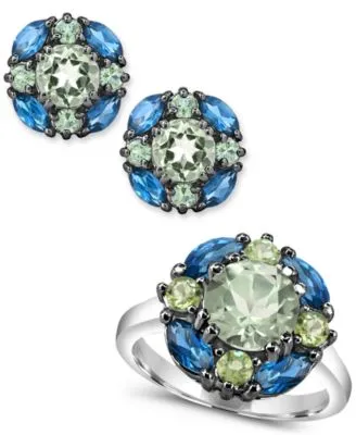 Prasiolite Peridot London Blue Topaz Cluster Jewelry Collection In Sterling Silver