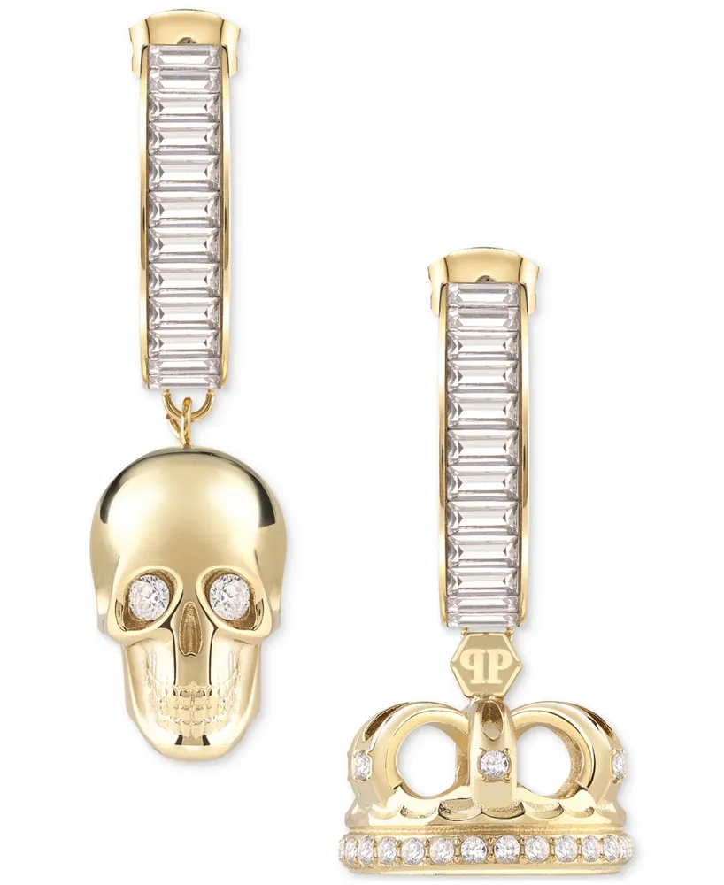 Philipp Plein Gold-Tone Ip Stainless Steel Pave 3D $kull & Crown Mismatch Charm Baguette Crystal Hoop Earrings