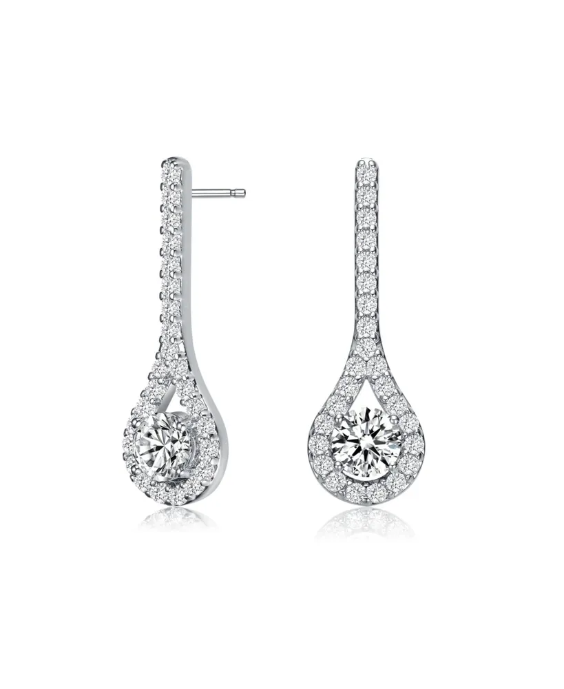 Genevive Sterling Silver with Rhodium Plated Clear Round Cubic Zirconia Solitaire with Accent Teardrop Earrings