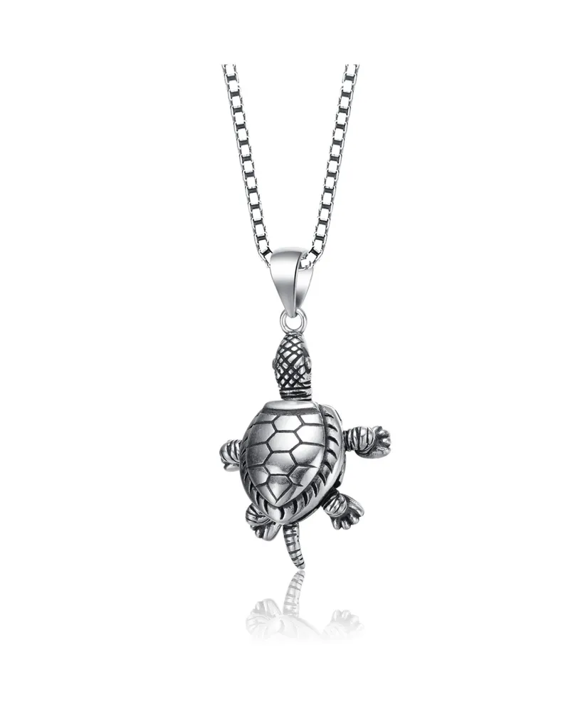 Genevive Sterling Silver with Rhodium Plated Turtle Pendant Necklace