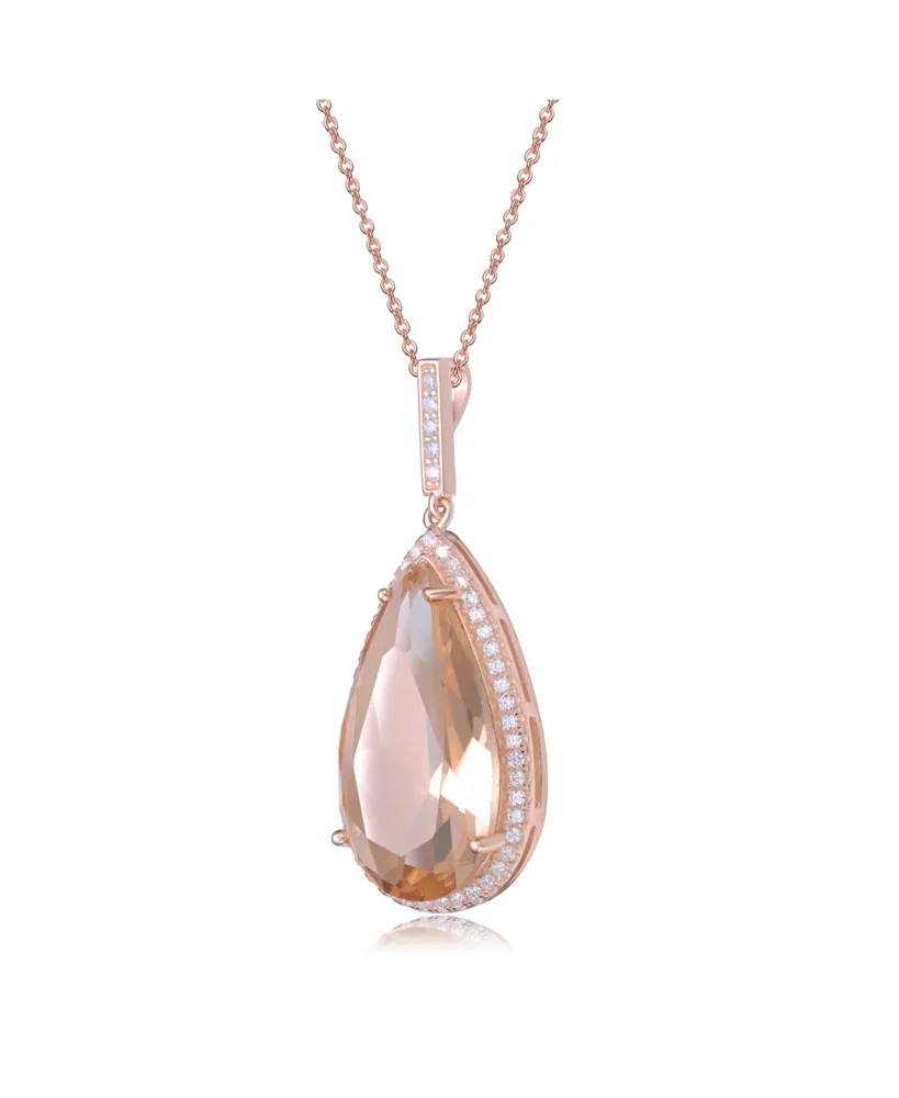 Genevive Sterling Silver 18K Rose Gold Plated Pear Shaped Morganite Cubic Zirconia Pendant Necklace