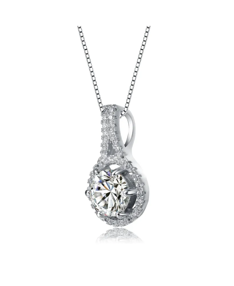 Genevive Sterling Silver with Rhodium Plated Round Cubic Zirconia Drop Pendant Necklace