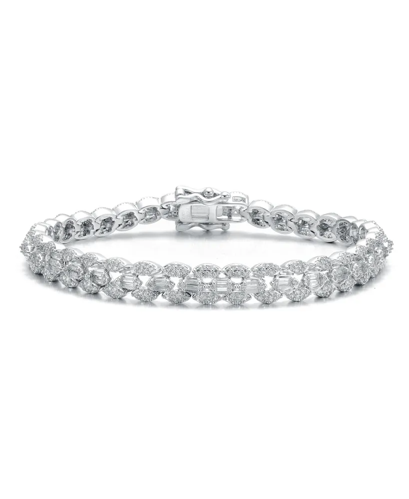 Genevive Rhodium-Plated with Cubic Zirconia Round Flat Link Tennis Bracelet in Sterling Silver