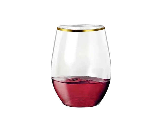 12 oz. Clear with Gold Rim Hexagonal Stemless Plastic Wine Goblets