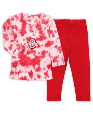 Infant Girls Wes & Willy Scarlet Ohio State Buckeyes Tie-Dye Ruffle Raglan Long Sleeve T-shirt and Leggings Set