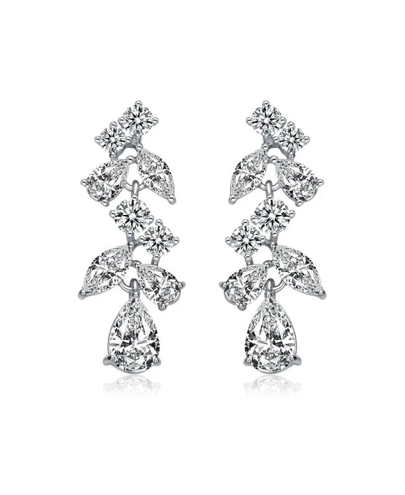 Genevive Sterling Silver with Rhodium Plated Clear Pear with Marquise and Round Cubic Zirconia Accent Dangle Earrings