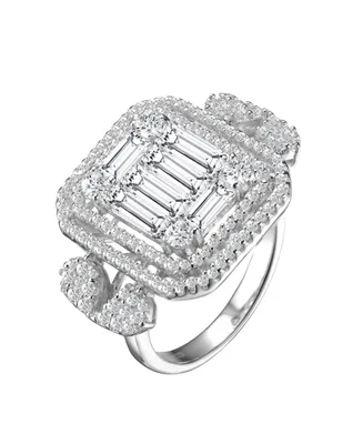 Genevive Sterling Silver White Gold Plated Clear Baguette and Round Cubic Zirconia's Double Halo Clustered Cocktail Ring