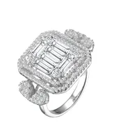 Genevive Sterling Silver White Gold Plated Clear Baguette and Round Cubic Zirconia's Double Halo Clustered Cocktail Ring