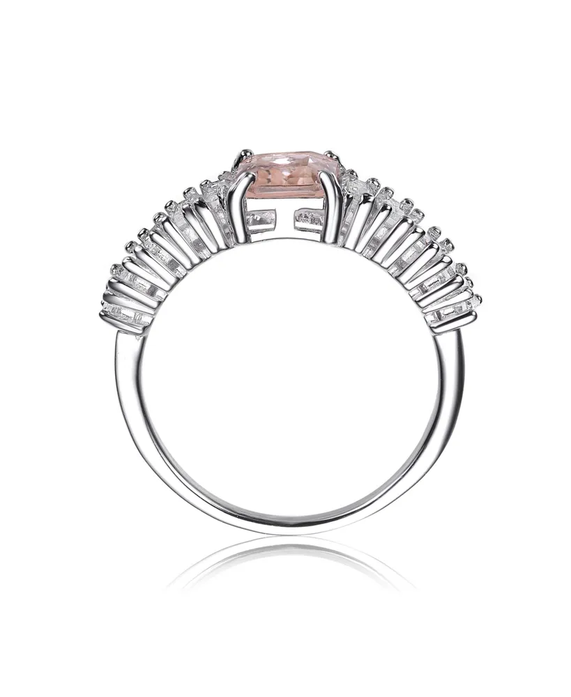 Genevive Sterling Silver with Rhodium Plated Morganite Asscher Cubic Zirconia with Emerald Cubic Zirconias Cluster Ring