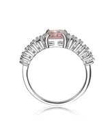 Sterling Silver with Rhodium Plated Pink Asscher Cubic Zirconia with Green Cubic Zirconias Cluster Ring