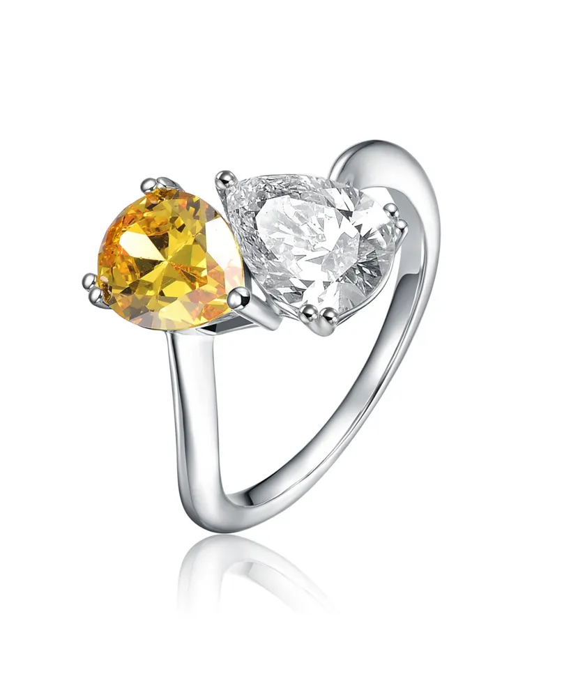 Genevive Sterling Silver Rhodium Plated Clear and Yellow Cubic Zirconia Bypass Ring