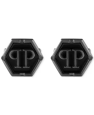 Philipp Plein Stainless Steel Logo Black Hexagon Cuff Links