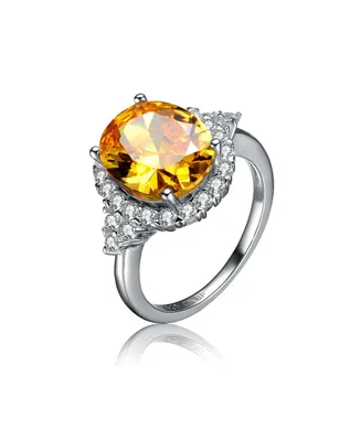Genevive Sterling Silver Yellow Cubic Zirconia Oval Ring