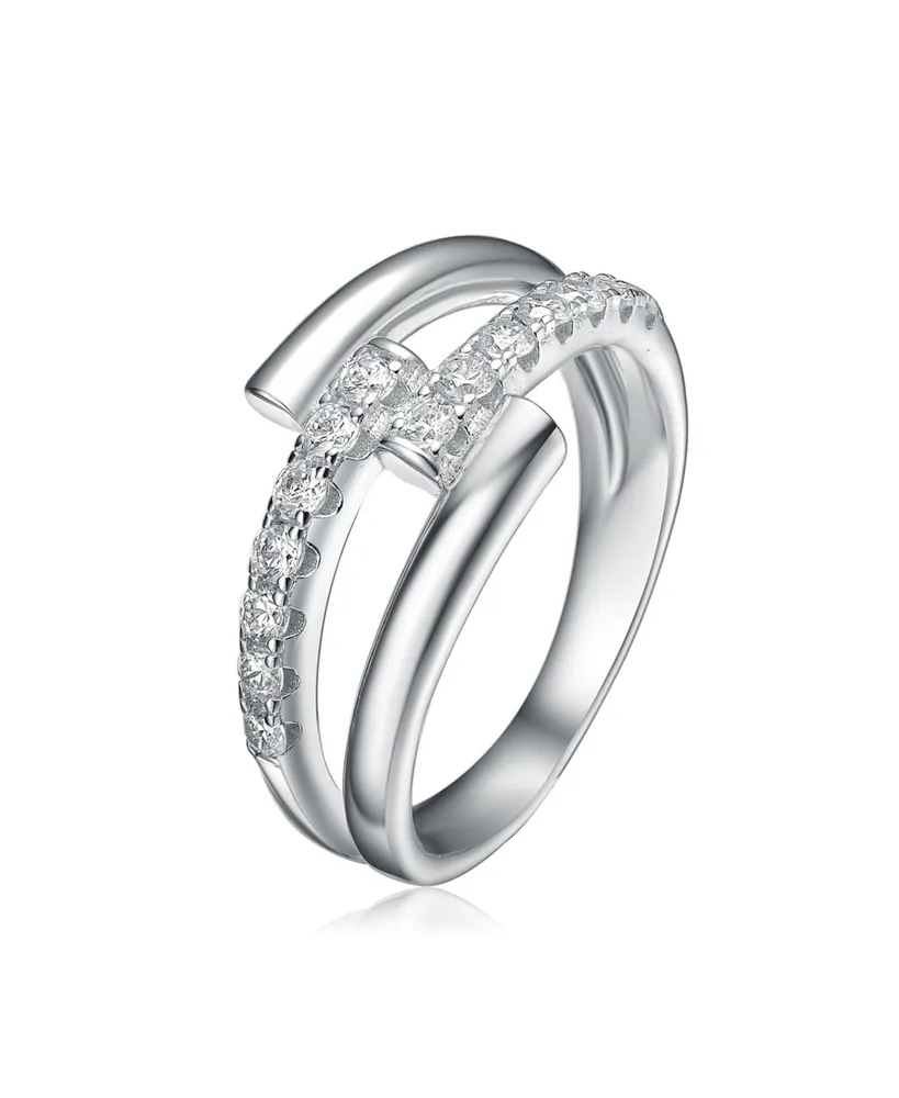 Genevive Rhodium-Plated with Cubic Zirconia Criss-Cross Sparkling Arc Ring Sterling Silver