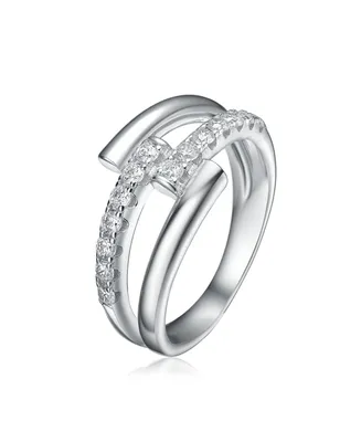 Genevive Rhodium-Plated with Cubic Zirconia Criss-Cross Sparkling Arc Ring in Sterling Silver