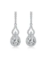 Genevive Sterling Silver with Rhodium Plated Clear Pear and Round Cubic Zirconia Halo with Open Pear Drop Earrings