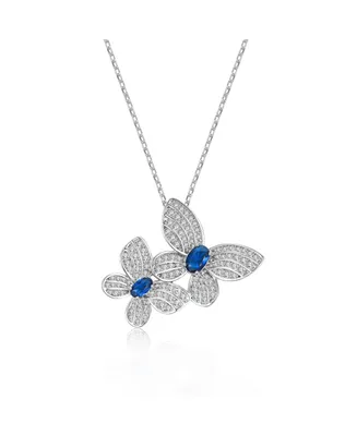 Genevive Sterling Silver White Gold Plated Blue Sapphire & Cubic Zirconia Double Fluttering Butterfly Pendant Necklace