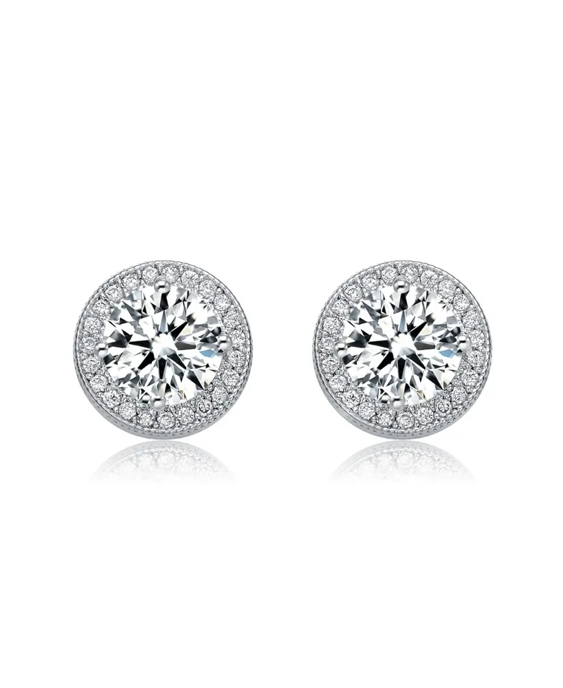 Genevive Sterling Silver with Rhodium Plated Clear Round Cubic Zirconia Solitaire Halo Stud Earrings