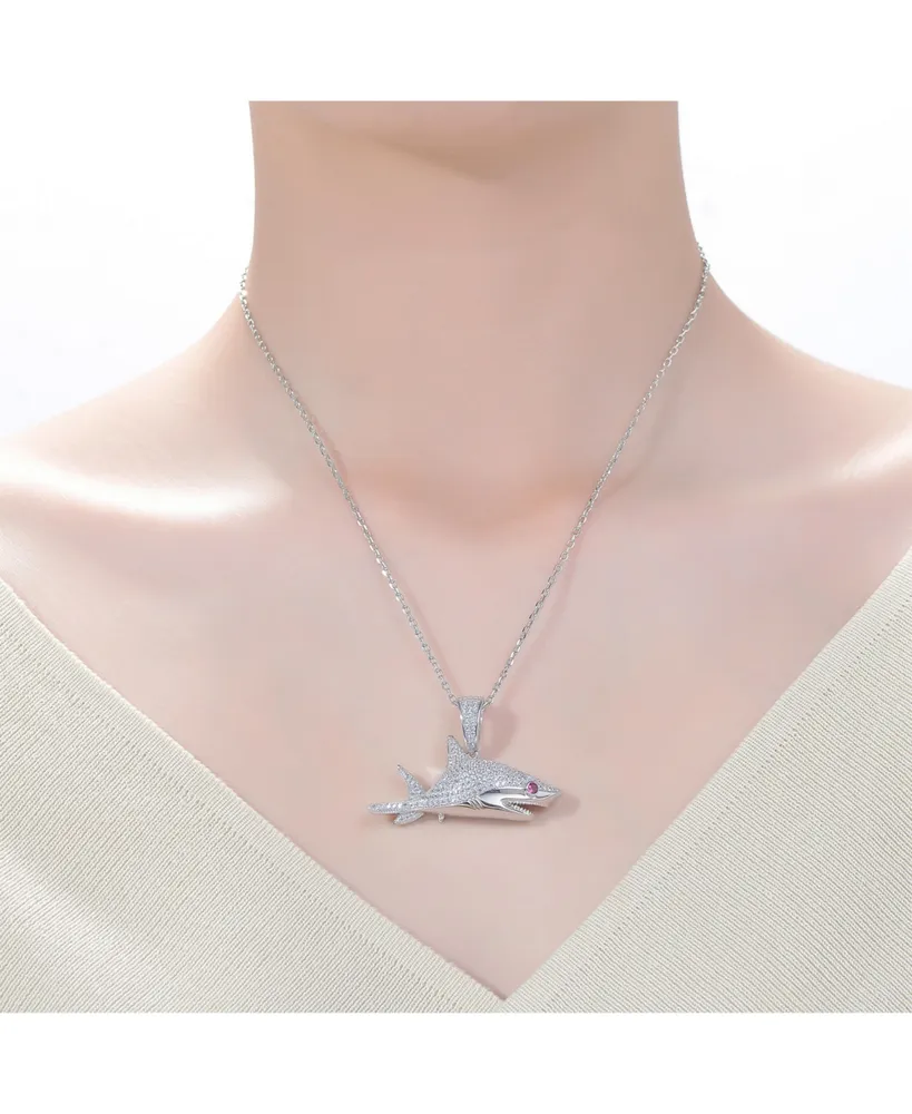 Genevive Rhodium-Plated with Ruby & Cubic ZIrconia Ice Out Shark Pendant Necklace in Sterling Silver