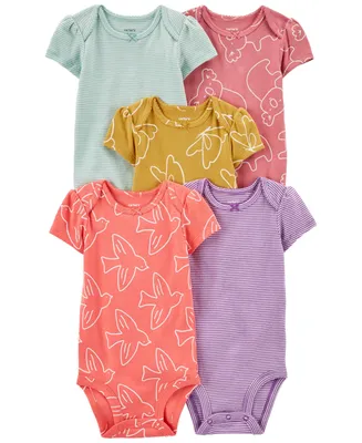 Carter's Baby Girls Short Sleeved Bodysuits With Snaps, Pack of 5