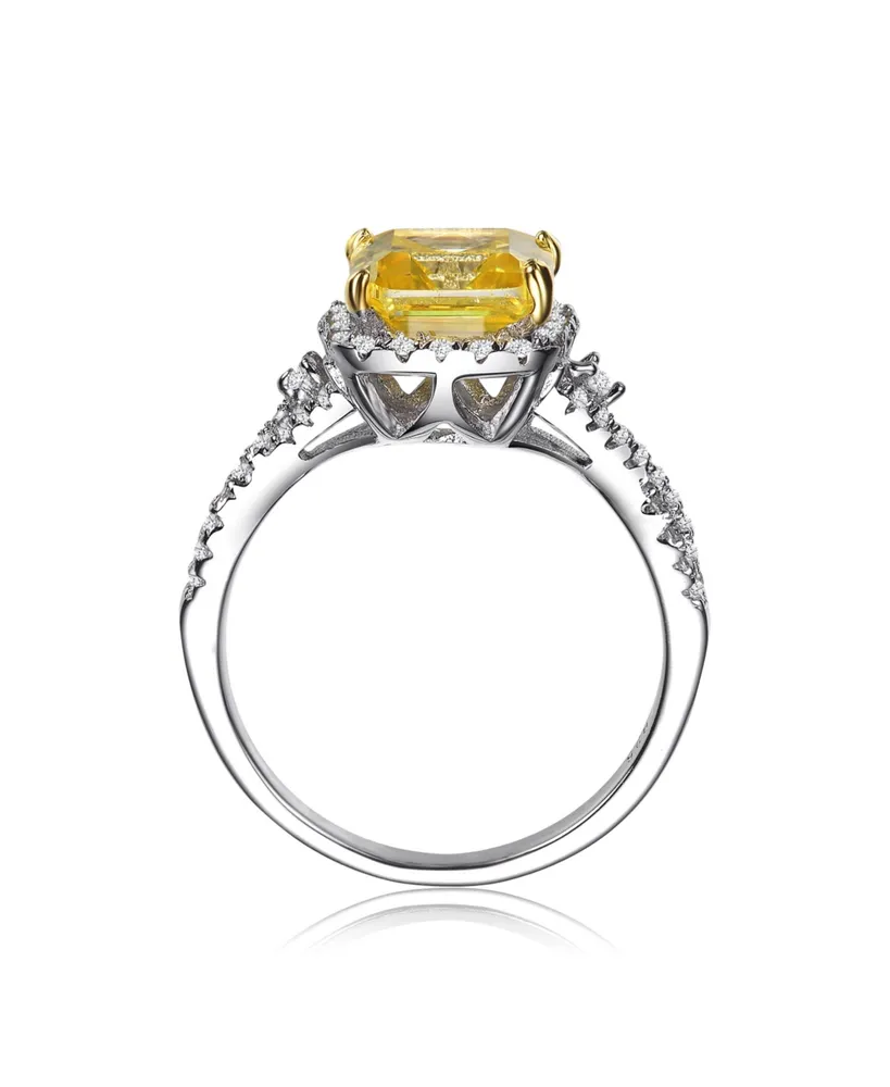 Genevive Sterling Silver White Gold Plated Yellow Cushion Cubic Zirconia with Clear Round Cubic Zirconias Accent Twisted Ring