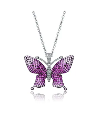 Genevive Sterling Silver with Rhodium and Black Plated Ruby Cubic Zirconia Butterfly Pendant Necklace