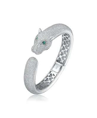 Genevive Sterling Silver with Emerald & Cubic Zirconia Hinged Open Cuff Bangle Bracelet