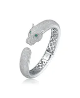 Genevive Sterling Silver with Emerald & Cubic Zirconia Hinged Open Cuff Bangle Bracelet