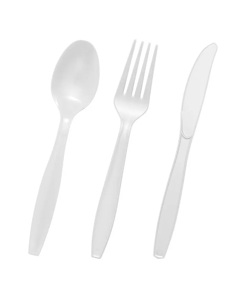 Gold with White Handle Moderno Disposable Plastic Cutlery Set - Spoons,  Forks and Knives (240 Guests)