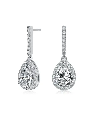 Genevive Sterling Silver with Rhodium Plated Clear Pear and Round Cubic Zirconia Halo Linear Drop Earrings