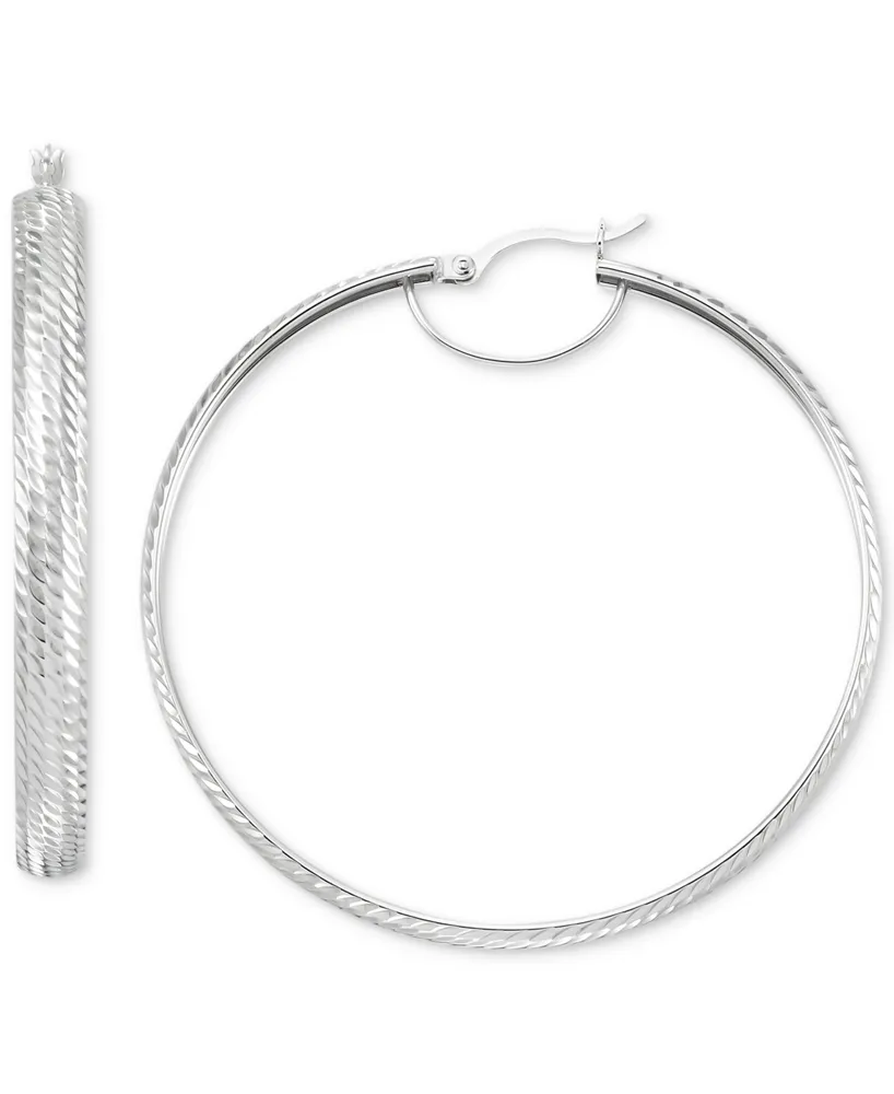 Textured Medium Hoop Earrings in 14k White Gold-Plated Sterling Silver, 40mm