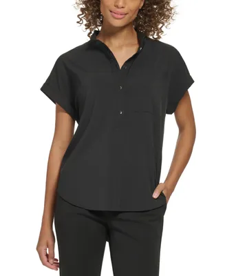 Dkny Petite Cuffed-Sleeve Stand-Collar Top