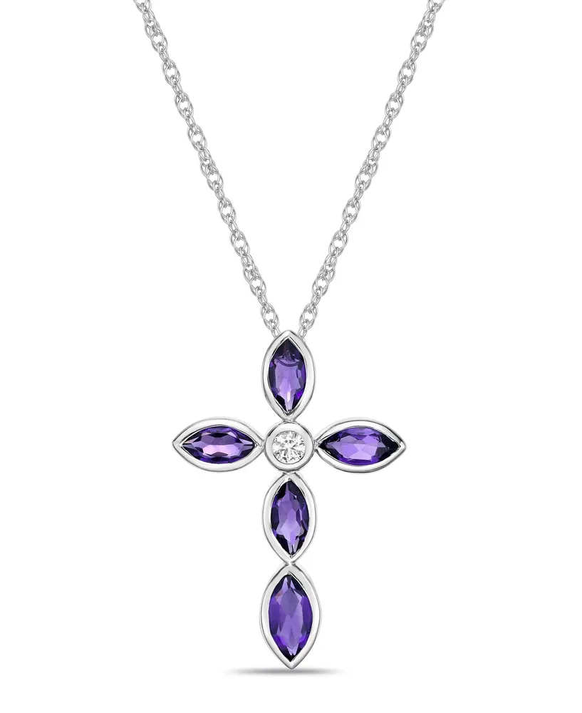 Sterling Silver Simple 1 3/8 (ct. t. w.) Genuine Purple Amethyst and White Topaz Marquise Bezel Set Cross Pendant Necklace