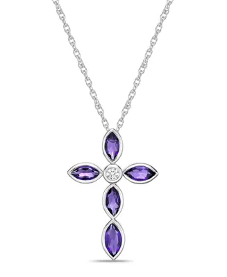Sterling Silver Simple 1 3/8 (ct. t. w.) Genuine Purple Amethyst and White Topaz Marquise Bezel Set Cross Pendant Necklace