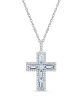 Sterling Silver Halo Birthstone Style Genuine Aquamarine and White Topaz Fancy Cut Cross Pendant Necklace