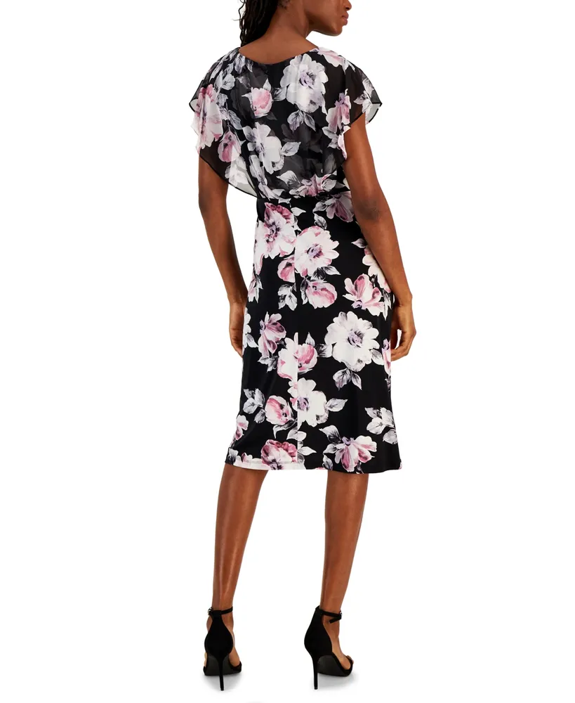Connected Petite Floral-Print Chiffon Overlay Midi Dress