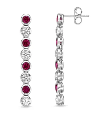 Sterling Silver Elegant Alternating Lab Grown Red Ruby and Lab Grown White Sapphire Round Bezel Set Drop Earrings