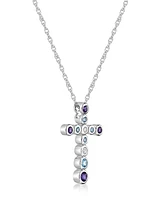 Sterling Silver modern 3/4 (ct. t. w.) Multi-Gemstone Bezel Set Cross Pendant Necklace - Multi