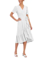 London Times Petite Eyelet Faux-Wrap Midi Dress