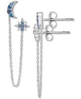 London Blue Topaz (1/2 ct. t.w.) Moon & Star Double Pierced Chain Drop Earrings in Sterling Silver