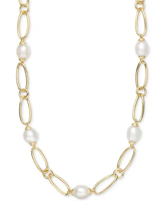 Cultured Freshwater Pearl (9-3/4 x 10-3/4mm) Oval Link 18" Collar Necklace in 14k Gold-Plated Sterling Silver